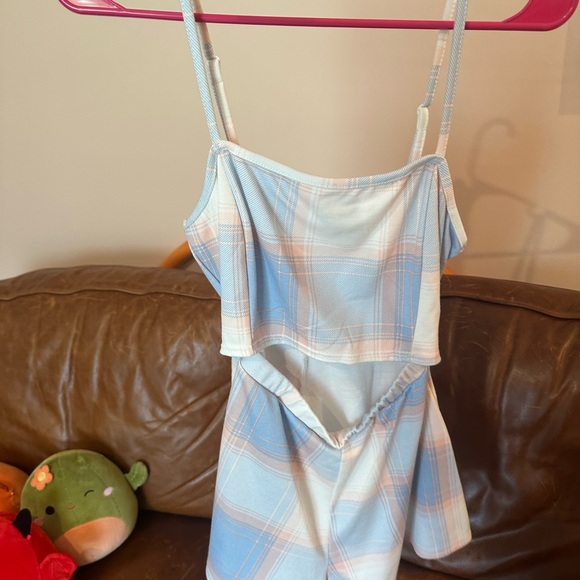 Plaid Blue and White Women's Romper - Picture 1 of 2